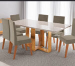 Sala Florida T/Vidro 1.60x0.80 c/ 6 cad. Bela Mel/Bronde Off White- Tc. Linho Inox